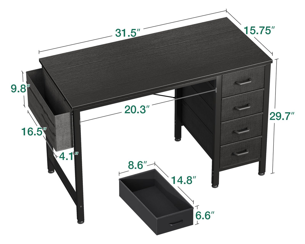Casaottima 32-Inch Small Computer Desk with 4 Fabric Drawers — Home Office Desks with Storage, Writing Desk with Side Hook and Cloth Bag, Modern Study/Work Table for Bedroom and Small Space, Black Casaottima