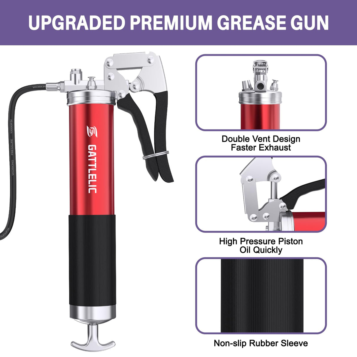 GATTLELIC 8000 PSI Heavy Duty Grease Gun Kit - 14oz with Flex Hose, Sharp Nozzle, Extension Pipe & Coupler, Red GATTLELIC