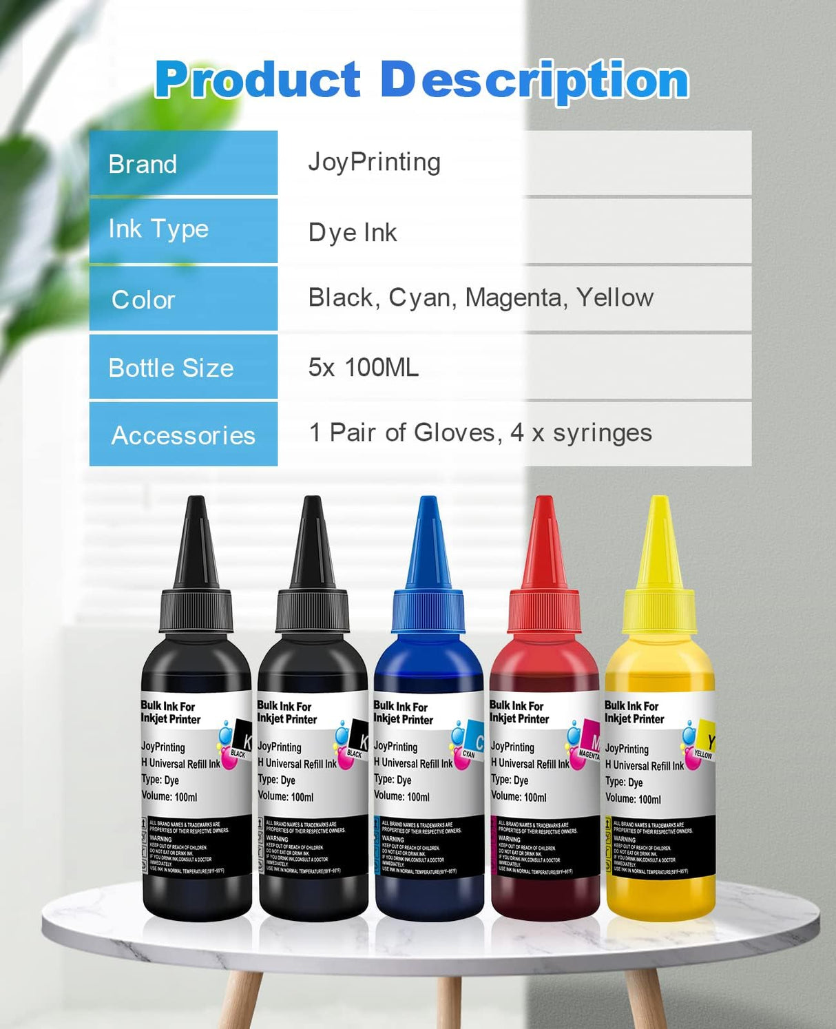 JoyPrinting Ink Refill Kit for HP Printer Cartridges HP 67 60 61 62 63 65 950 951 952 962 920 901 902 932 933 934 940 Refillable Ink Cartridges CISS System (5 x 100ml, Black, Cyan, Magenta, Yellow) JoyPrinting