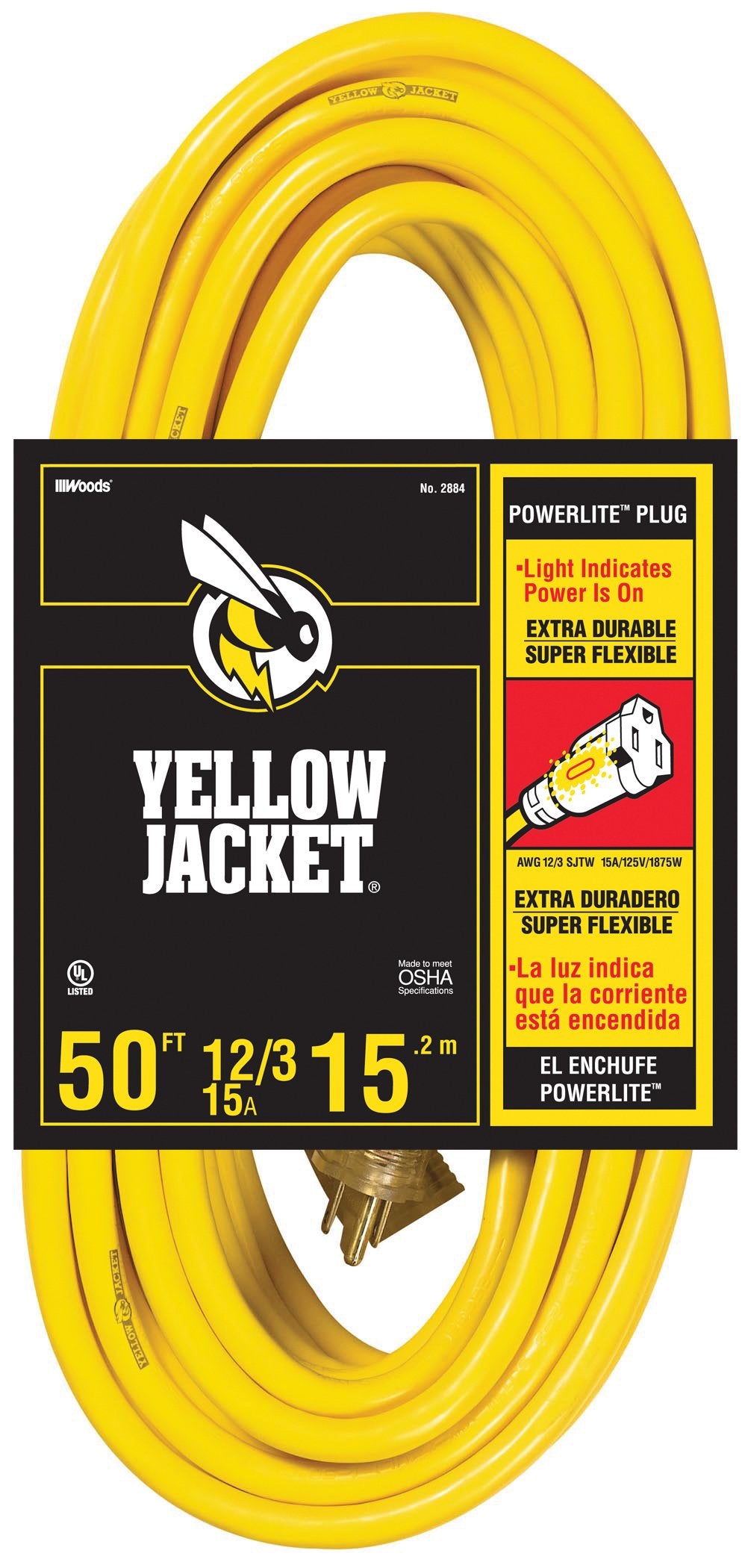 Yellow Jacket Heavy Duty Extension Cord, 50Ft, 12 Gauge, 3 Conductor, Lighted End, Weather Resistant, SJTW, Yellow, 2884 Yellow Jacket