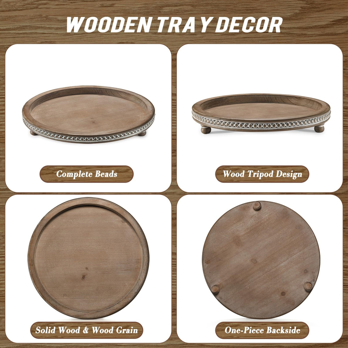 Handmade Wooden Serving Tray, Small Beaded Coffee Table Tray Decor, Warm Brown Round Decorative Tray for Coffee Table, Dining Room Table Entryway and Living Room Table KULEDM