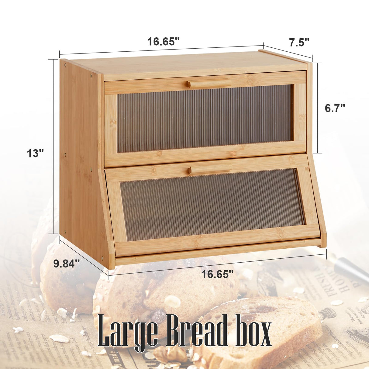 GHWIE Double Layer Bamboo Bread Box for Kitchen Counter,Large Capacity Bread Storage Bin,Bread Container with Acrylic Wavy Door Panel,Natural GHWIE