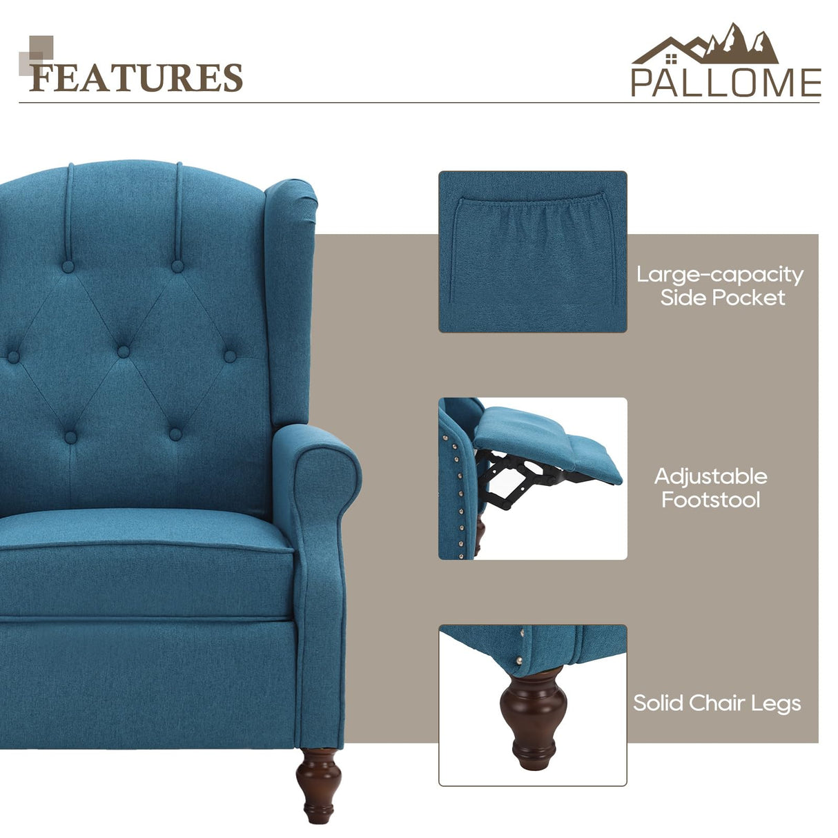 PALLOME Wingback Recliner Chair with Massage and Heat Tufted Fabric Push Back Arm Chair, Recliner Chair for Living Room Bedroom Home Theater (1,Peacock Blue) PALLOME