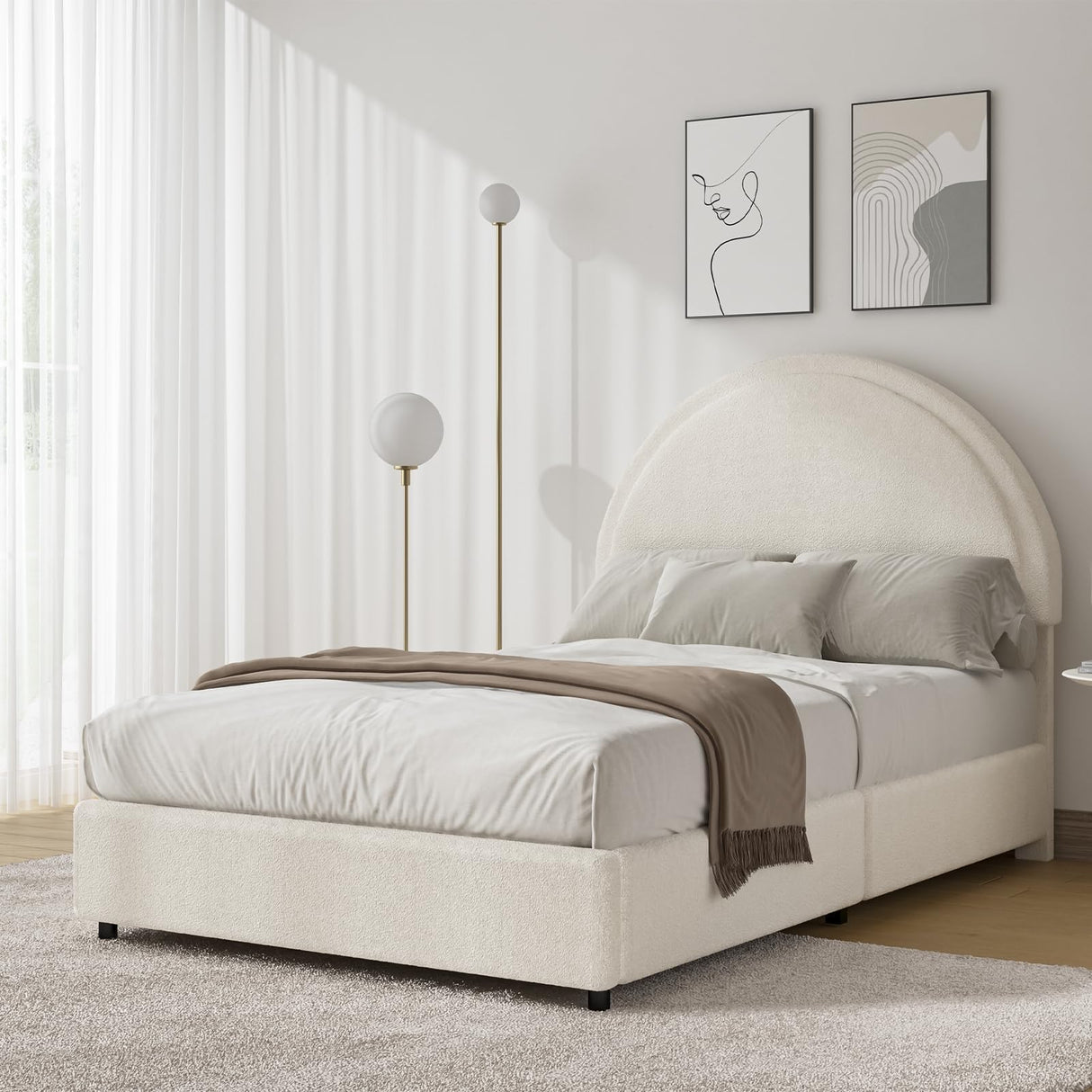 REVOMINCA Twin Size Bed Frame, Boucle Upholstered Platform Bed with Headboard, Cloud Bed Frame with Soft Rounded Corners, No Box Spring Required, Easy Assembly, Beige REVOMINCA