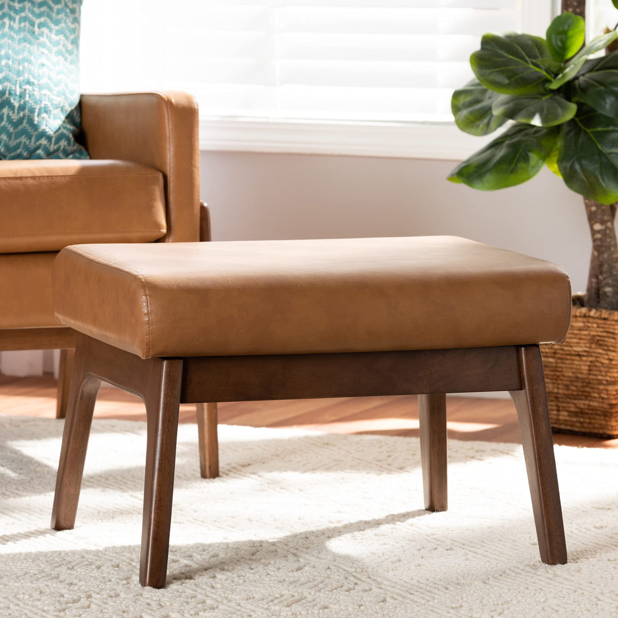 Baxton Studio Bianca Mid-Century Modern Walnut Brown Finished Wood and Tan Faux Leather Effect Ottoman Baxton Studio