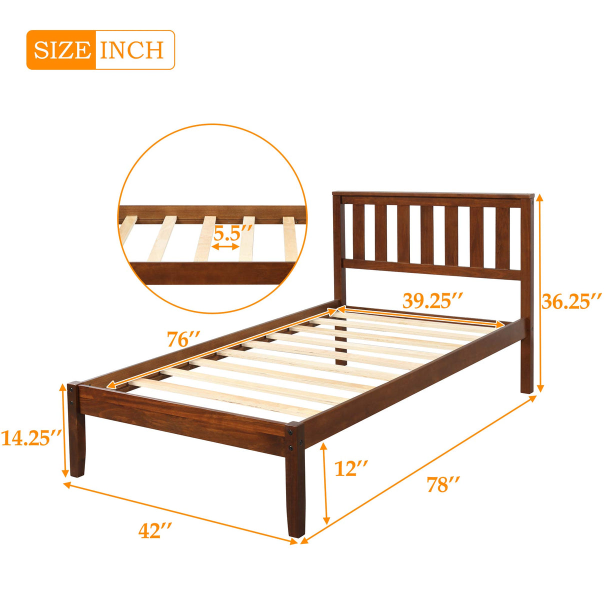 SOFTSEA Twin Platform Bed Frame with Storage, Farmhouse Bed Frame with Headboard for Kids Teens, Wood Slats, Easy Assembly, Walnut SOFTSEA