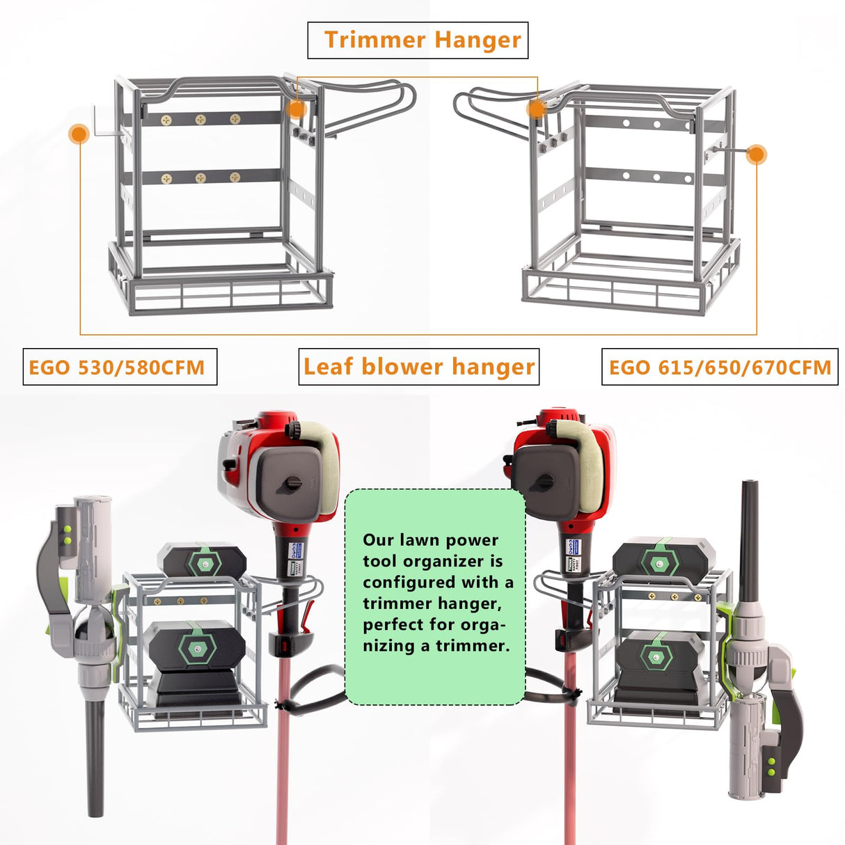 Power Tool Organizer Wall Mount, Lawn Tool Storage Rack for Leaf Blower, Weed Eater, Battery, Charger - Yard Tool Storage Organizer with Storage Hook for Hanging Basement Garage Trimmer/Tool(Gray) Jolensoy