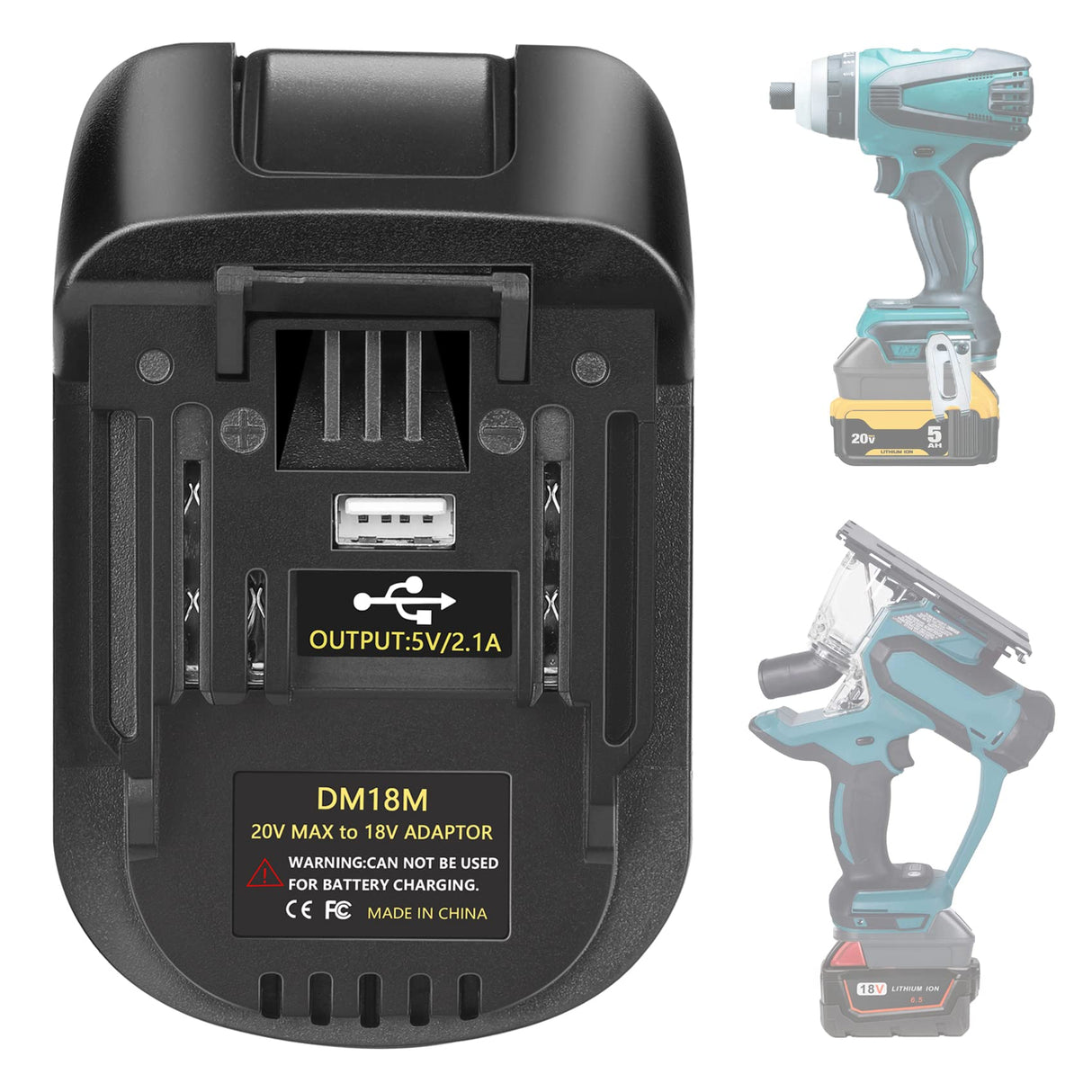 DM18M Converter Battery Adapter with USB Charging Socket for Dewalt 20V Battery & Milwaukee M18 18V Lithium Battery Converter to Makita 18V BL1830 BL1840 BL1850 Cordless Tools Use(Bare Adapter Only) JYJZPB