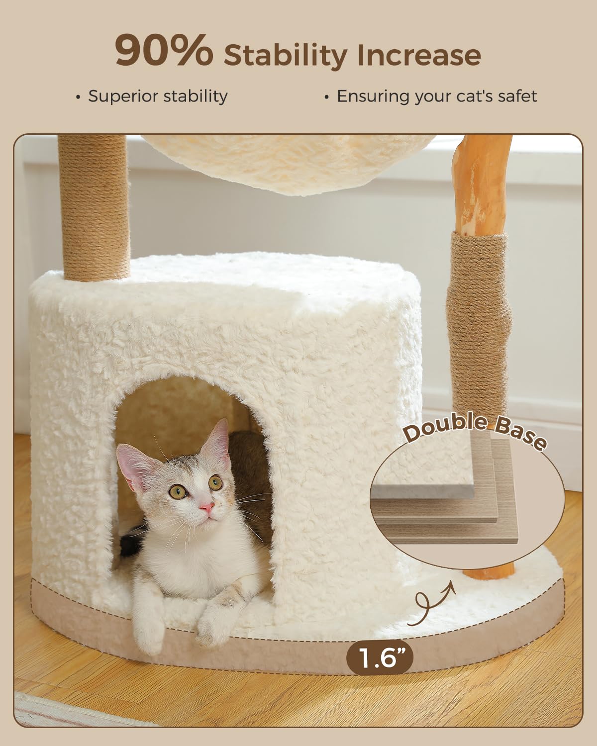 MUTTROS Modern Cat Tree for Large Cats, Wood Cat Tower for Indoor Cats, Real Branch Luxury Cat Furniture with Super Large Cozy Condo and Hammock & Scratching Post, Top Basket, White MUTTROS