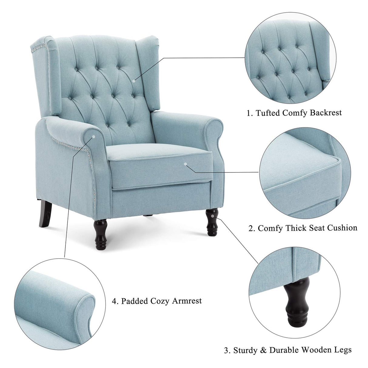 Artechworks Winged Fabric Modern Accent Chair Tufted Arm Club Chair Linen Single Sofa with Wooden Legs Comfy Upholstered for Reading Living Room Bedroom Office,Light Blue Artechworks