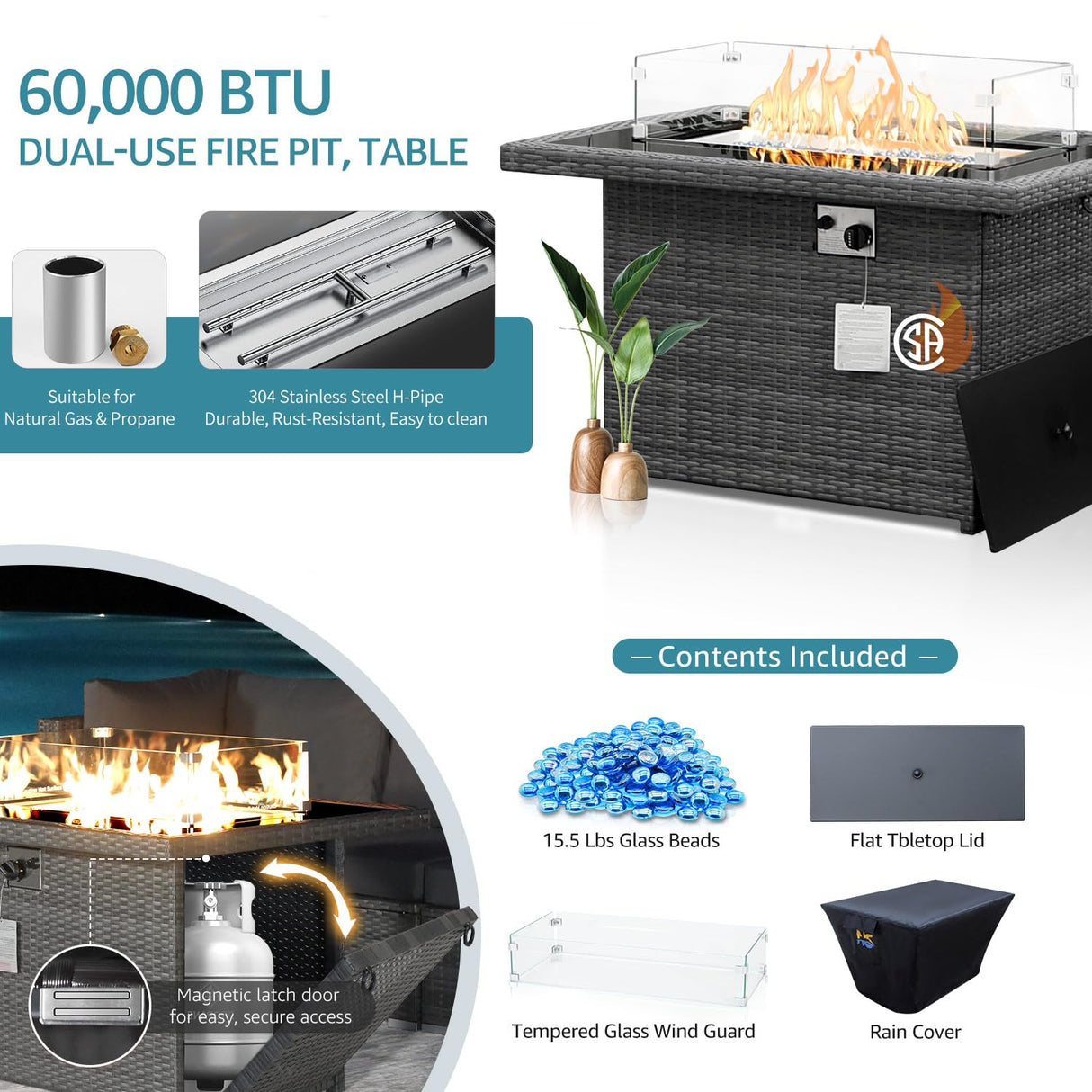 NICESOUL 11-Piece Patio Furniture with Chaise Lounge, Modern Wicker Outdoor Sectional with Fire Pit, Comfortable 29.3'' High-Back Conversation Seating, Heavy Duty All-Weather Couch Set, Grey & Teal NICESOUL