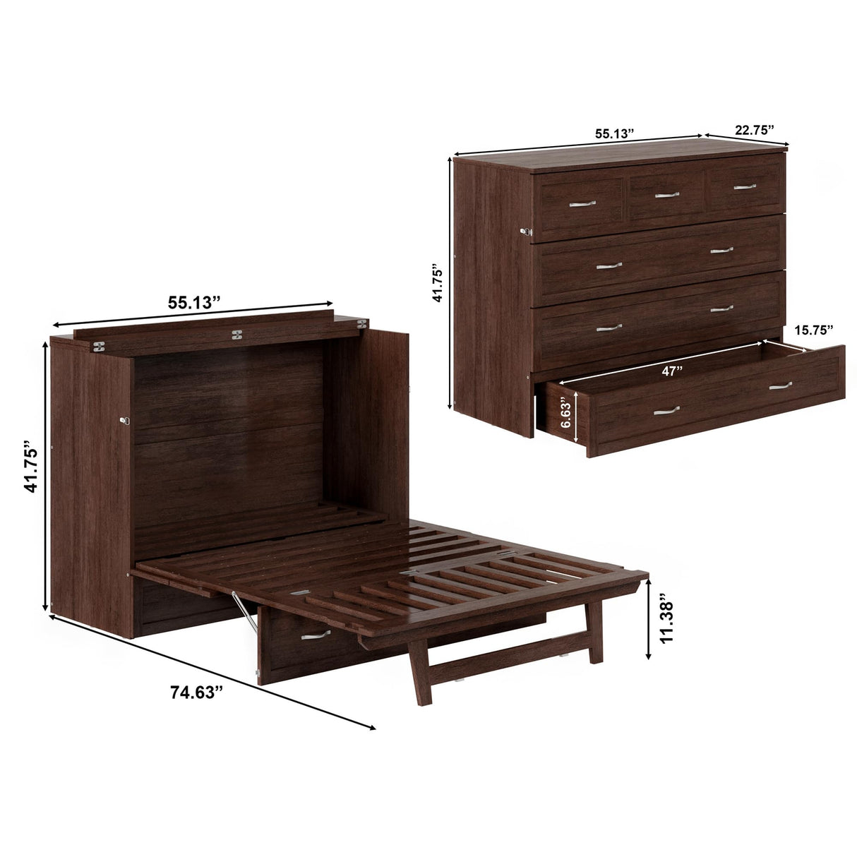 AFI, Northfield Murphy Bed Chest Full with 6" Mattress, Storage Drawer & Built-in USB Charger, Burnt Amber AFI