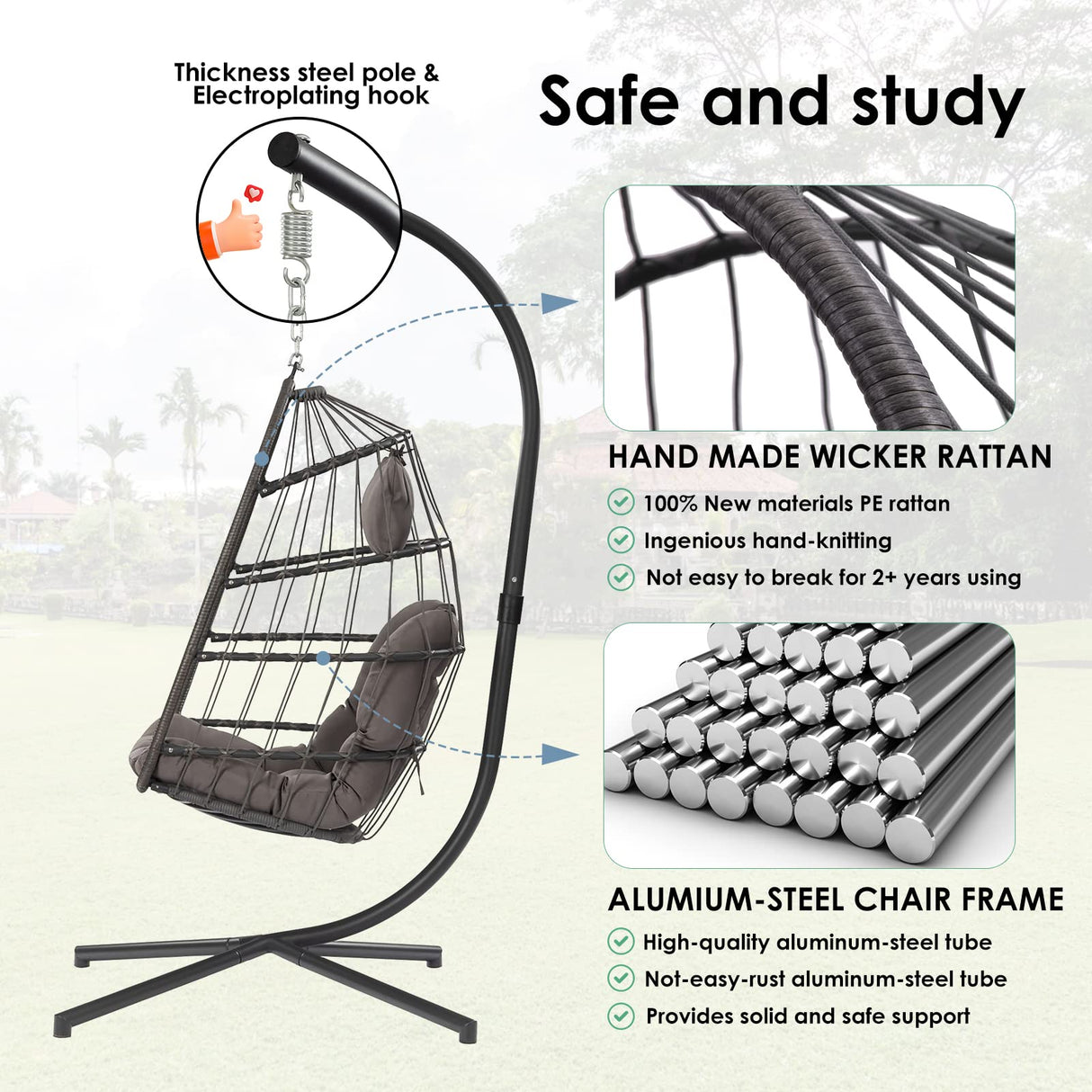 XIAO WEI Egg Chair with Stand - Patio Rattan Wicker Hanging Swing Egg Chair Hammock Chair for Indoor Outdoor Bedroom Garden - Aluminum Steel Frame and UV Resistant Cushion 350LBS Capacity (Dark Grey) XIAO WEI