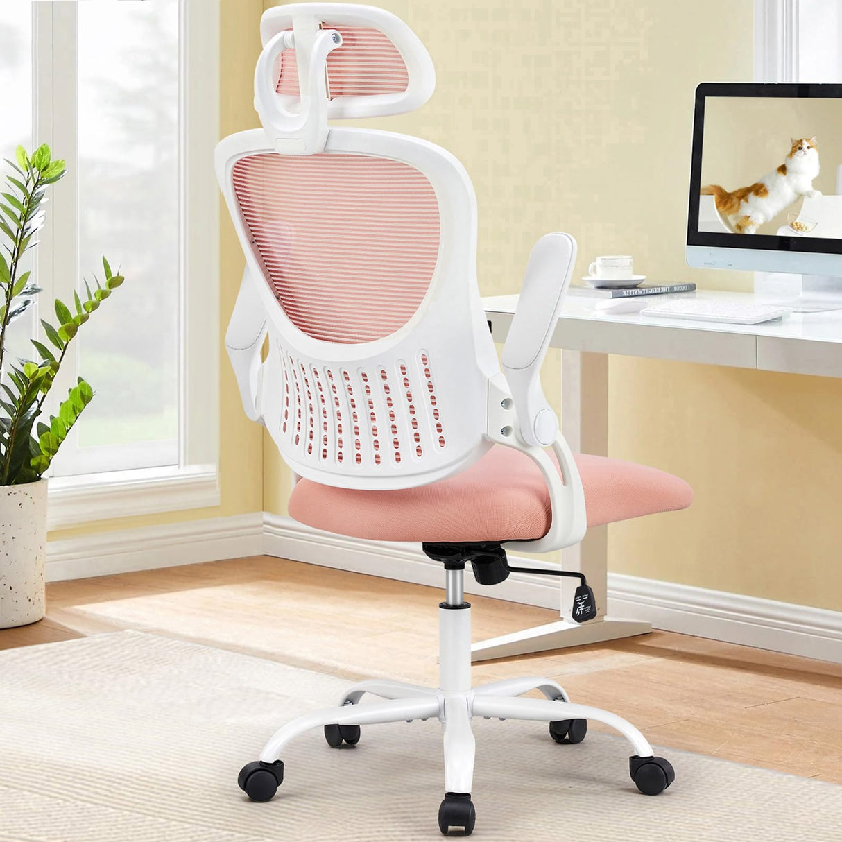 Sweetcrispy Office Computer Desk Chair, Ergonomic High-Back Mesh Rolling Work Chairs with Wheels and Adjustable Headrests, Comfortable Lumbar Support, Comfy Flip-up Arms for Home,Bedroom,Study, Pink Sweetcrispy