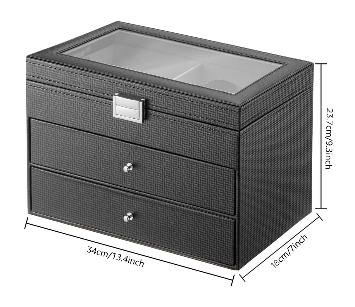 Oyydecor Sunglasses Organizer for Women Men, 3-layer 18 Slots Glasses Case Sunglass Eyeglasses Collector Eyewear Display Storage Box with Drawer Clear Glass Top, Carbon Fiber, Black Oyydecor