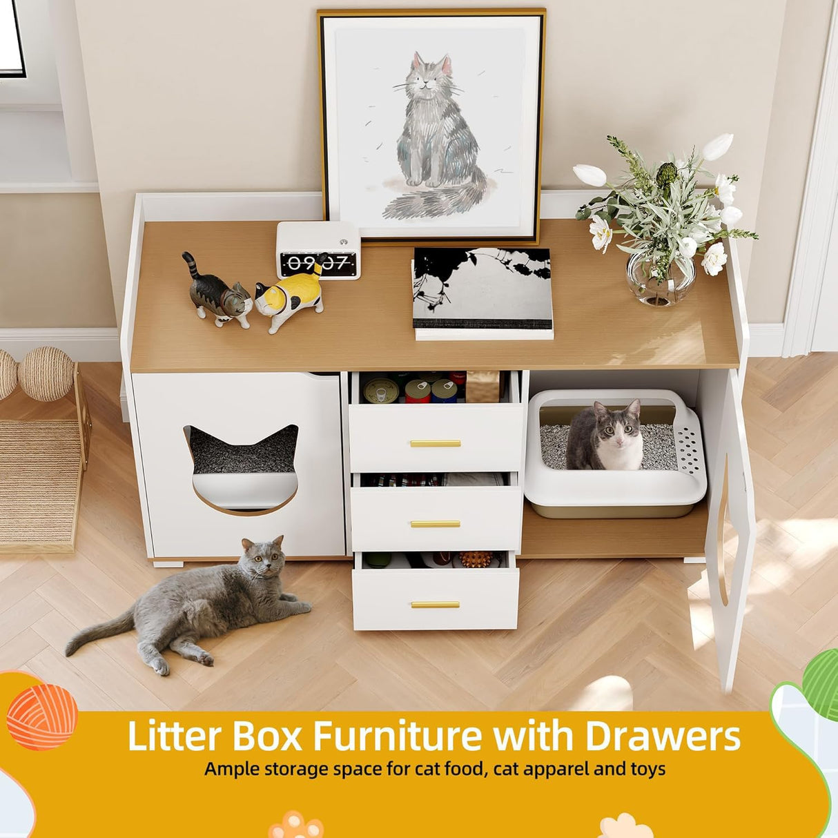 DWVO Double Cat Litter Box Enclosure for 2 Cats, 55 inch Large Two Cat Litter Box Furniture with Drawers for Storage, Wooden Dual Litter Box TV Stand White, 55" L x 19.7" W x 31.5" H DWVO