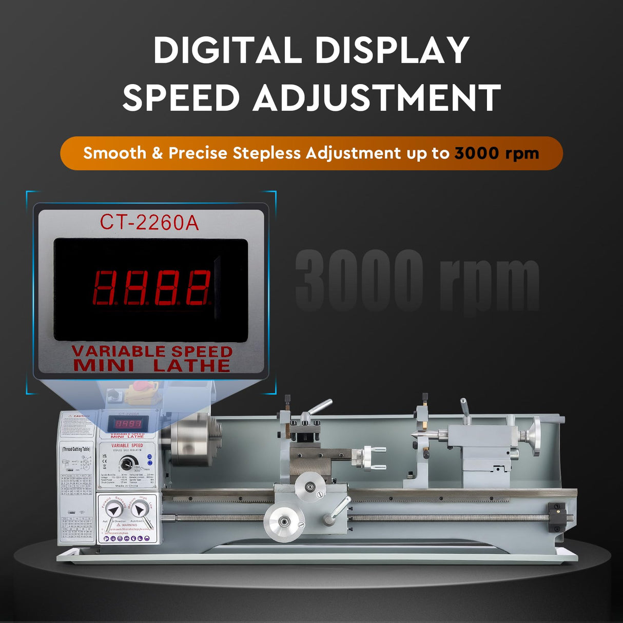 CREWORKS Mini Metal Lathe, 9" x 24" Benchtop Metal Lathe with 3 Jaw Chuck and 3000rpm Max. Spindle Speed, 1100W Metalworking Machine with LCD Display, Metal Lathe Machine CREWORKS