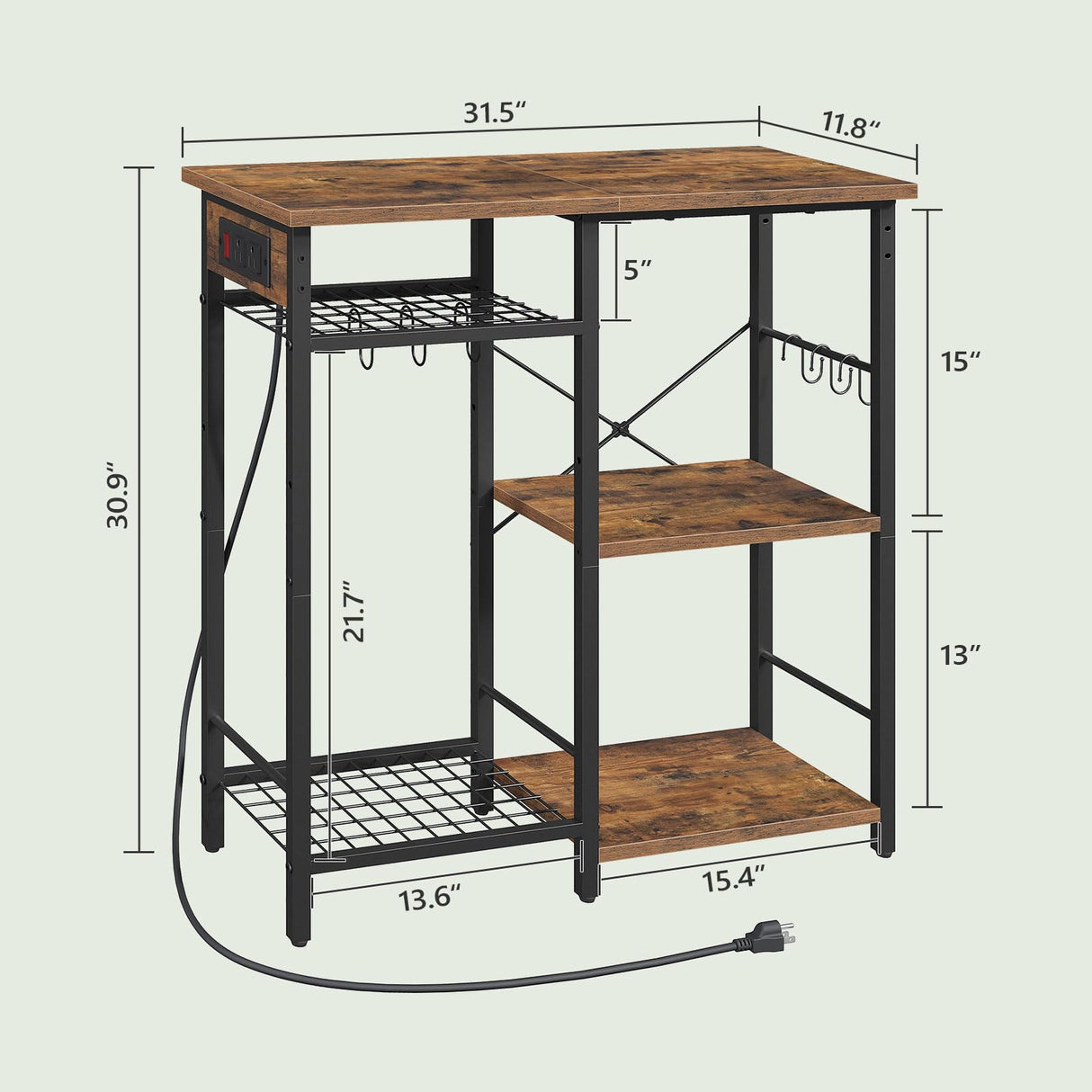 MAHANCRIS Bakers Rack with Power Outlet, Microwave Stand with Adjustable Mesh Rack, Coffee Bar Station, Kitchen Storage Racks with 6 S Hooks, for Kitchen, Dining Room, Rustic Brown and Black BRHR80E01 MAHANCRIS