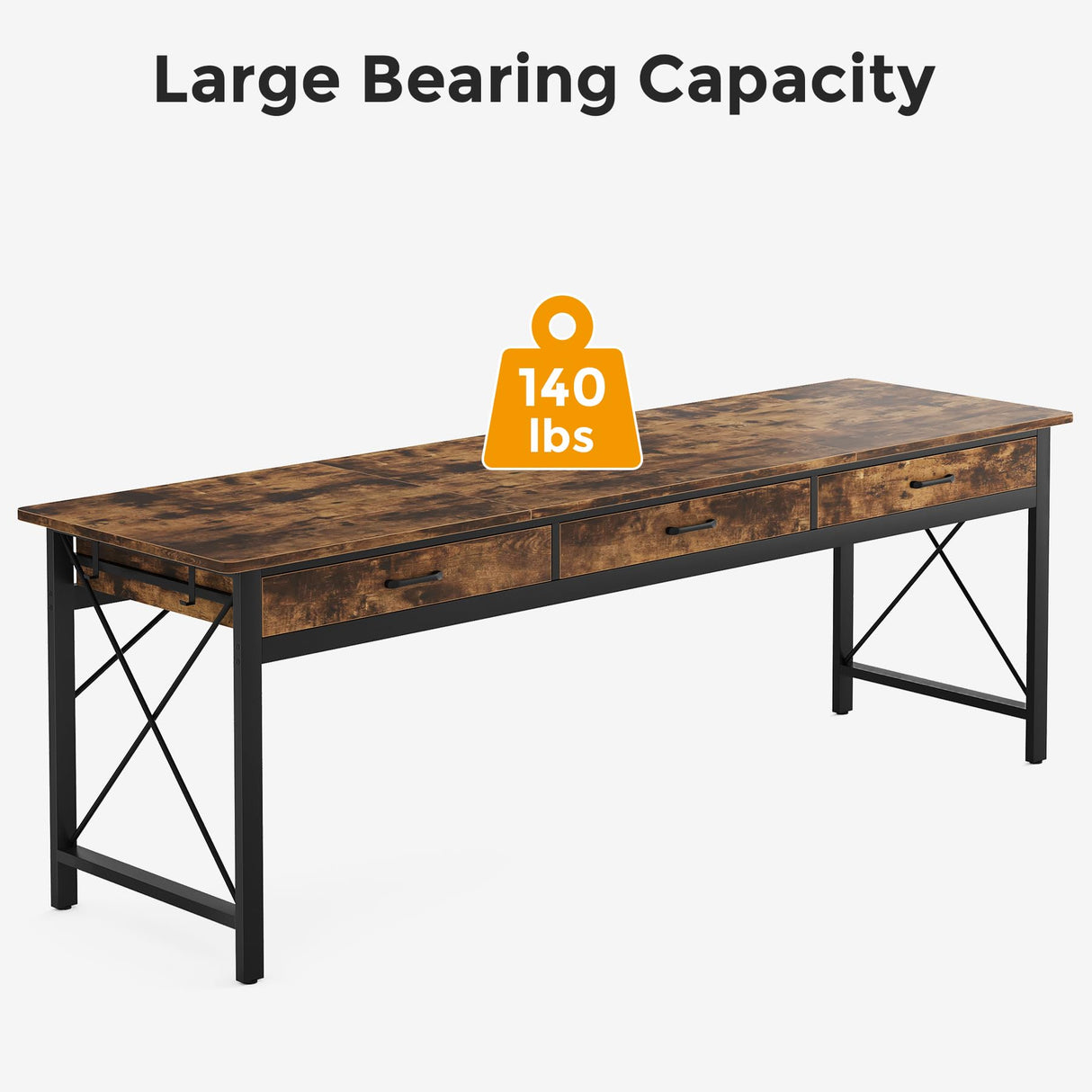 Condemo 78.7 inch Extra Long Computer Desk, Two Person Desk with 3 Drawers, Double Desk with Hooks, Industrial Writing Study Table Workstation for Home Office, Rustic Brown and Black Condemo