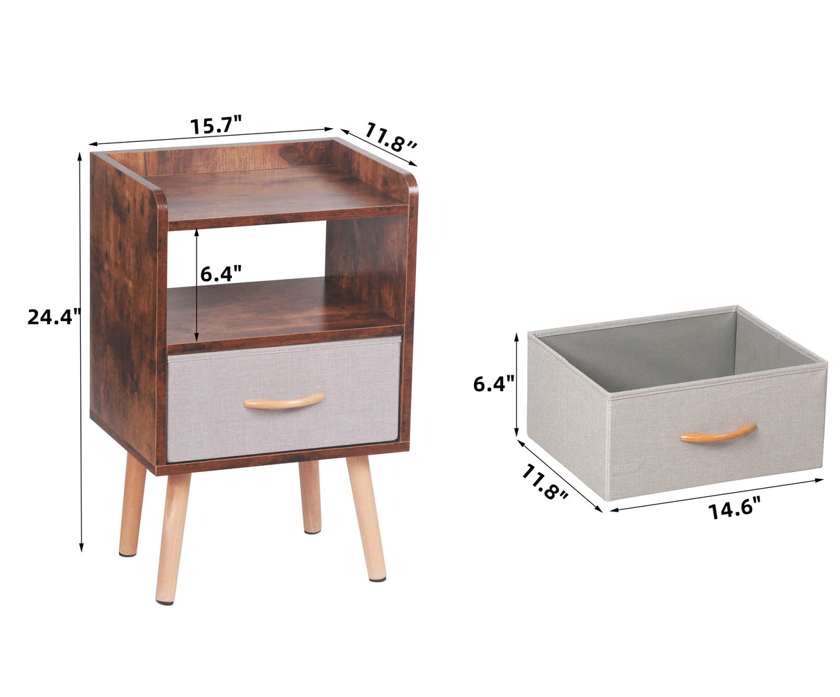 LUCKNOCK NightStand with Fabric Drawer, Bedside Table with Solid Wood Legs, Minimalist and Practical End Side Table with Open Storage Shelf for Bedroom, Rustic Brown. LUCKNOCK