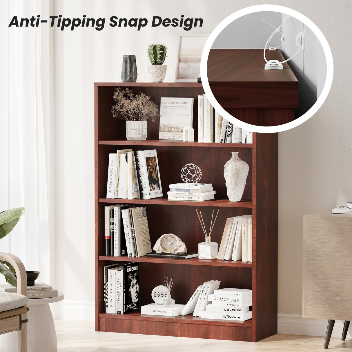 i-VTIES Bookcase Adjustable Storage Shelves,48-Inch Bookshelf,4-Tier Modern Wood Bookcase for Bedroom, Office, Living Room & Library(Cherry) i-VTIES