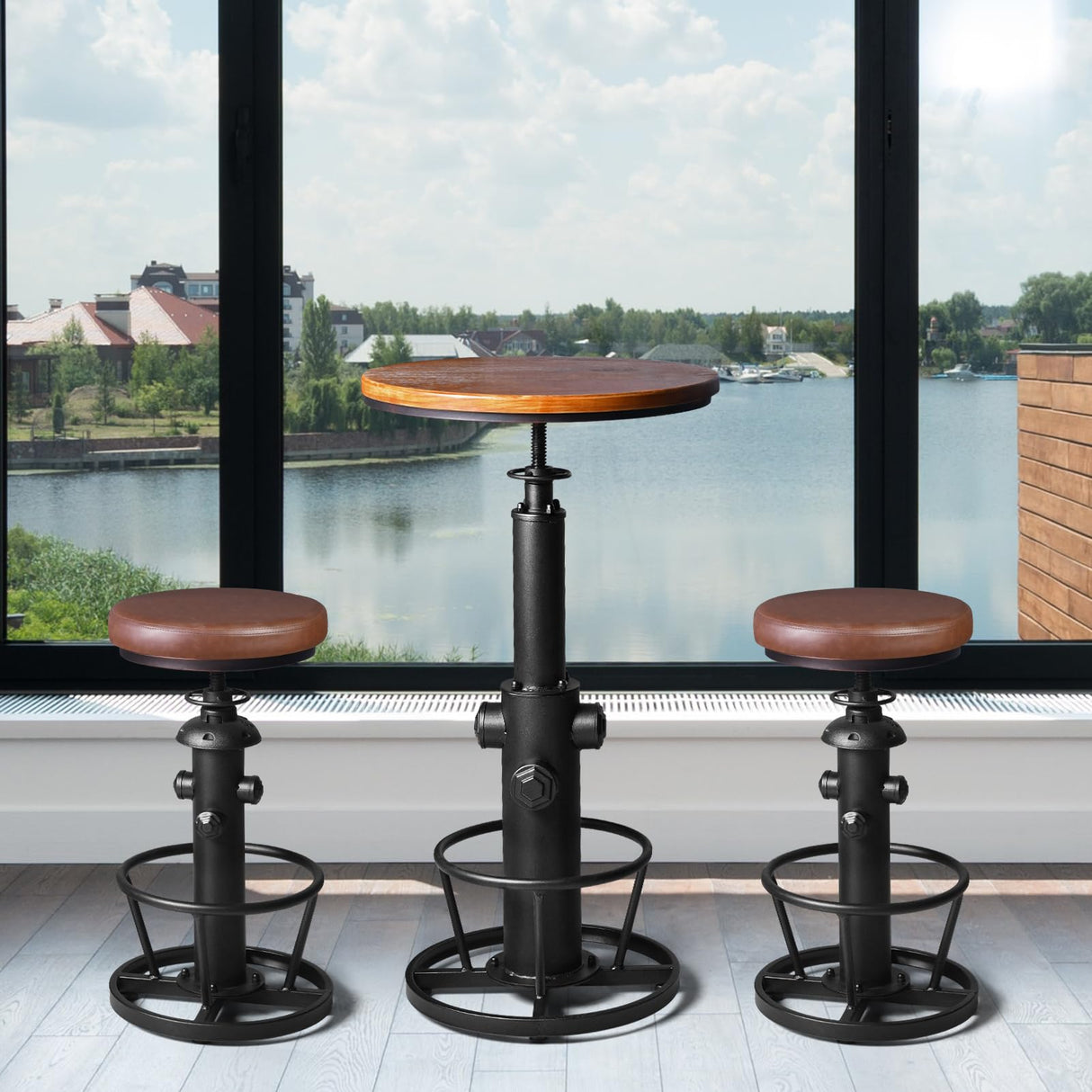 BOKKOLIK Industrial Vintage Height Adjustable Bistro Table with Wooden Top for Kitchen, Dining Room, and Bar Use BOKKOLIK