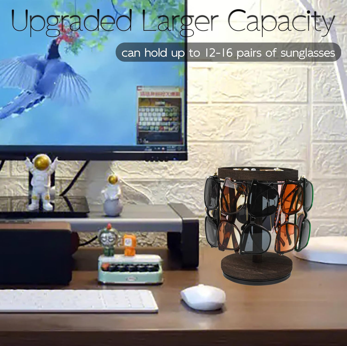 LingLingo Sunglasses Organizer 360° Rotating Eyeglass Holder Stand with Wood Tray and Base, Eye Glass Display Rack for Multiple Sunglass Storage for Table Dresser Nightstand Desk LingLingo