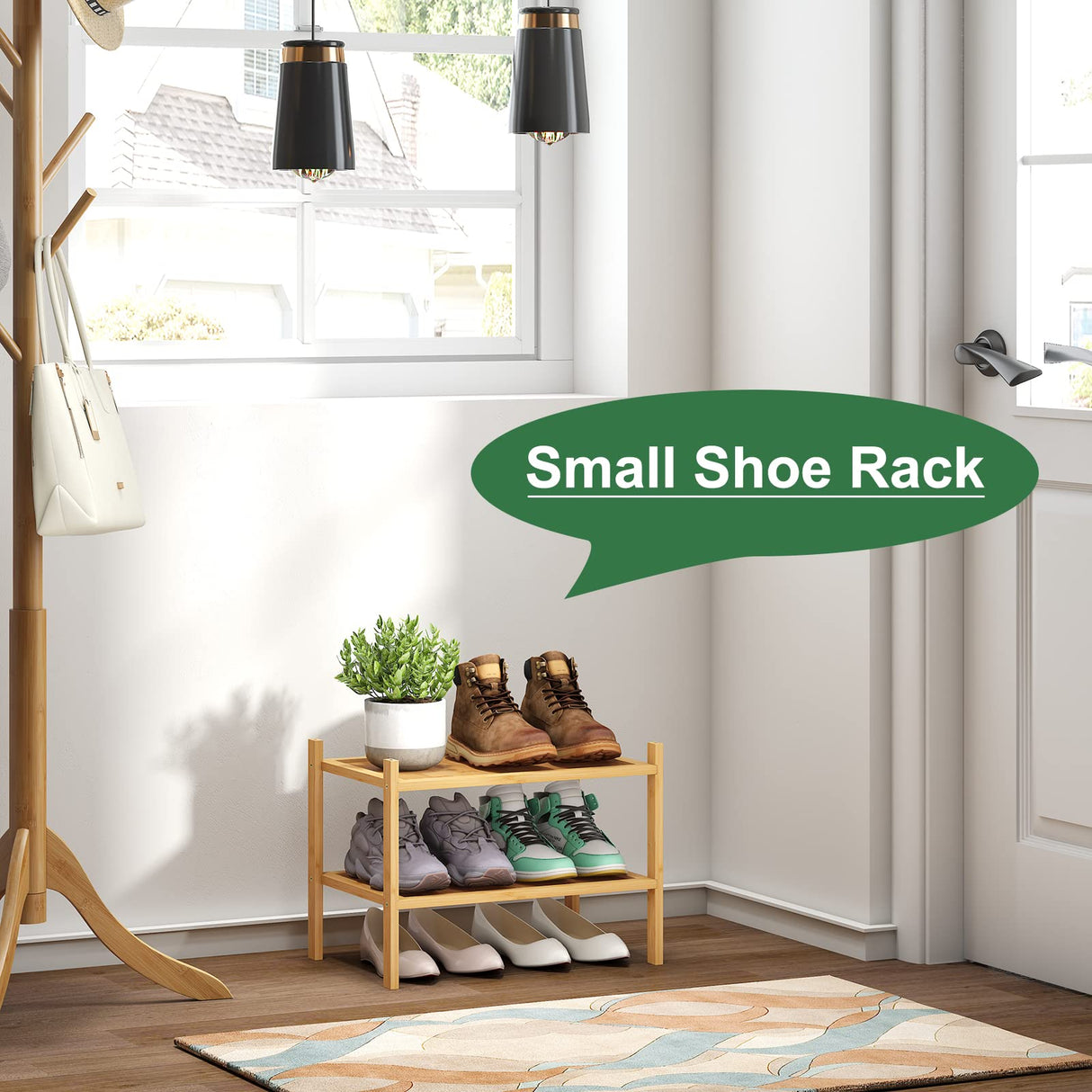 kiplant Small Shoe Rack, 2-Tier Bamboo Wood Shoe Rack for Entryway, Stackable Shoe Organizer for Hallway Closet, Free Standing Shoe Racks for Indoor & Outdoor kiplant