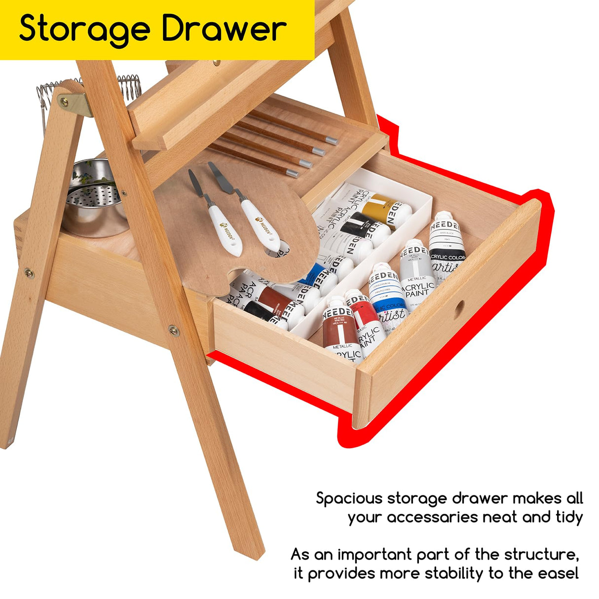 MEEDEN Forward Tilt Studio H-Frame Easel with Art Supply Storage Drawer - Adjustable (58"~75") Solid Beech Wood Easel Stand for Artists, Students and Beginners, Holds Canvas Art up to 37" MEEDEN