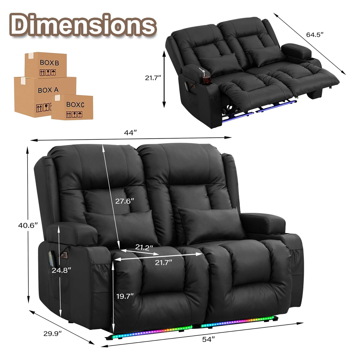 TUNYI Power Loveseat Recliner Sofa - Home Theater Seating with Massage & Heat Faux Leather RV Recliner Loveseat Sofa with USB/Cup Holder/Side Pocket/LED Light/Pillow (Black) TUNYI