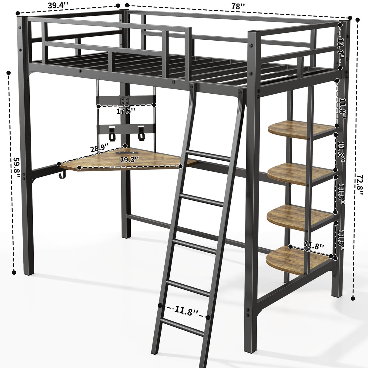 SogesSleep Loft Bed Twin Size, Bunk Bed with Desk, Shelves and Monitor Stand, Heavy Duty Metal Twin Loft Bed with Charging Station, Safety Guard & Ladder, Space-Saving, No Box Spring Needed SogesSleep