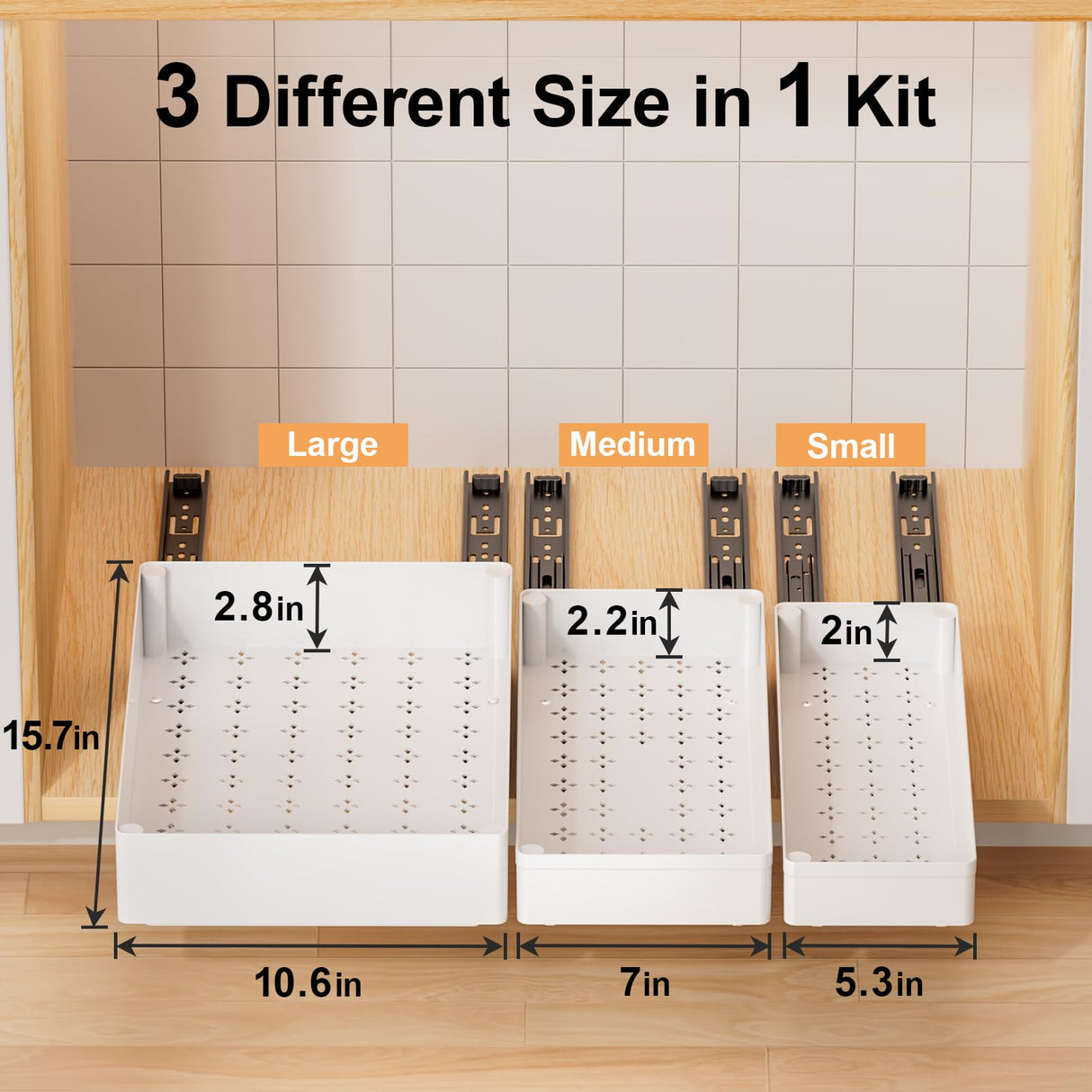 Delamu 3 Pack Pull Out Cabinet Organizer, 15.7"Deep Pull Out Drawers for Cabinets, Slide Out Drawers for Kitchen Cabinets, Bathroom Cabinet Organizer, Pantry (White) Delamu