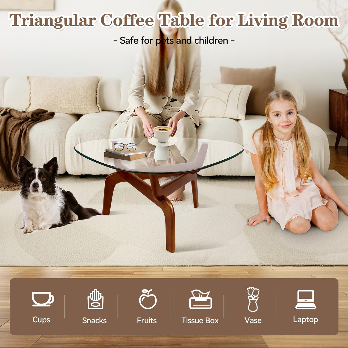 Glass Coffee Tables for Living Room, Triangle Coffee Table with Non-Tip Rubber Wood Base, Morden Tea Table with Tempered Glass Top | Perfect for Homes with Kids/Pets, Office, Apartment (Brown) DUO GE MAO