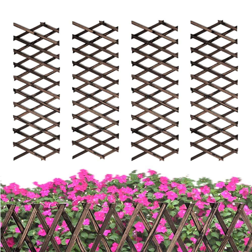 4 PCS Expandable Garden Trellis, 12" x 75" Wooden Lattice Fence Wall Panel Stretchable Decorative Fences Lattice Trellis for Climbing Plants Outdoor Ivy Vine Rose Clematis Garden Patio Room Decor (4) Bounmer