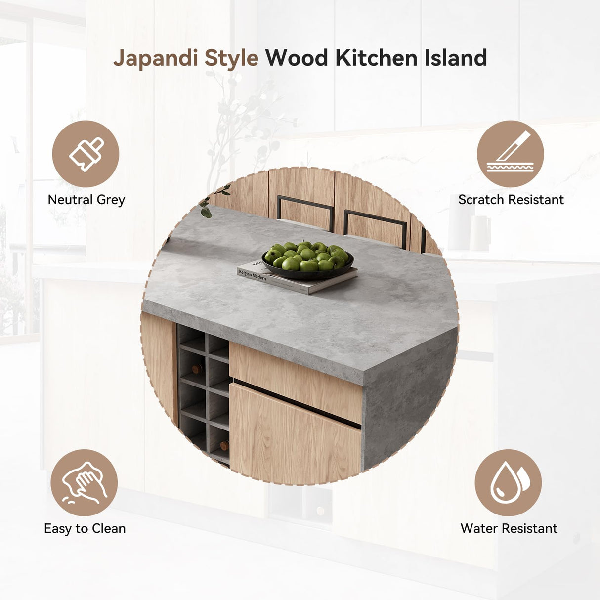homary 72'' Kitchen Island with Storage Gray Japandi Island Table with LED Light Wood Kitchen Cabinet with Drawers & Wine Rack homary