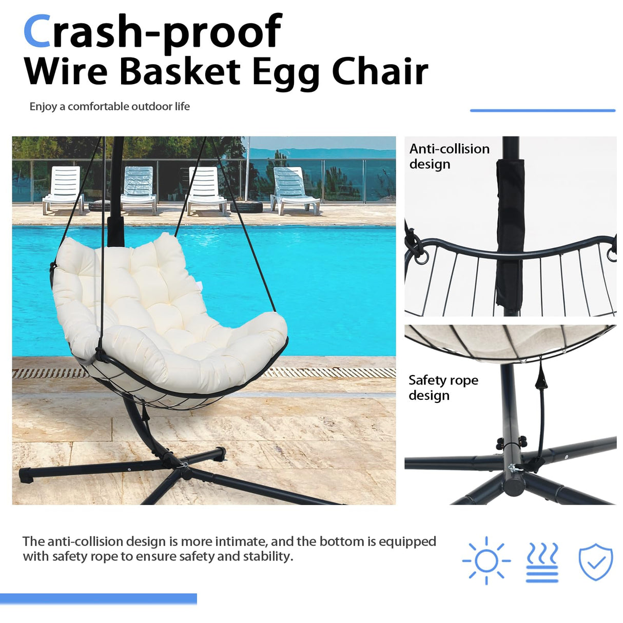Single Hanging Swing Egg Chair With Stand, Polyester Static Rope + Wire Netting, With Thickened Uv Resistant Removable Cushions, 350lbs Capacity For Living Room Bedroom Balcony Patio Xmas Gift (White) VIXLON