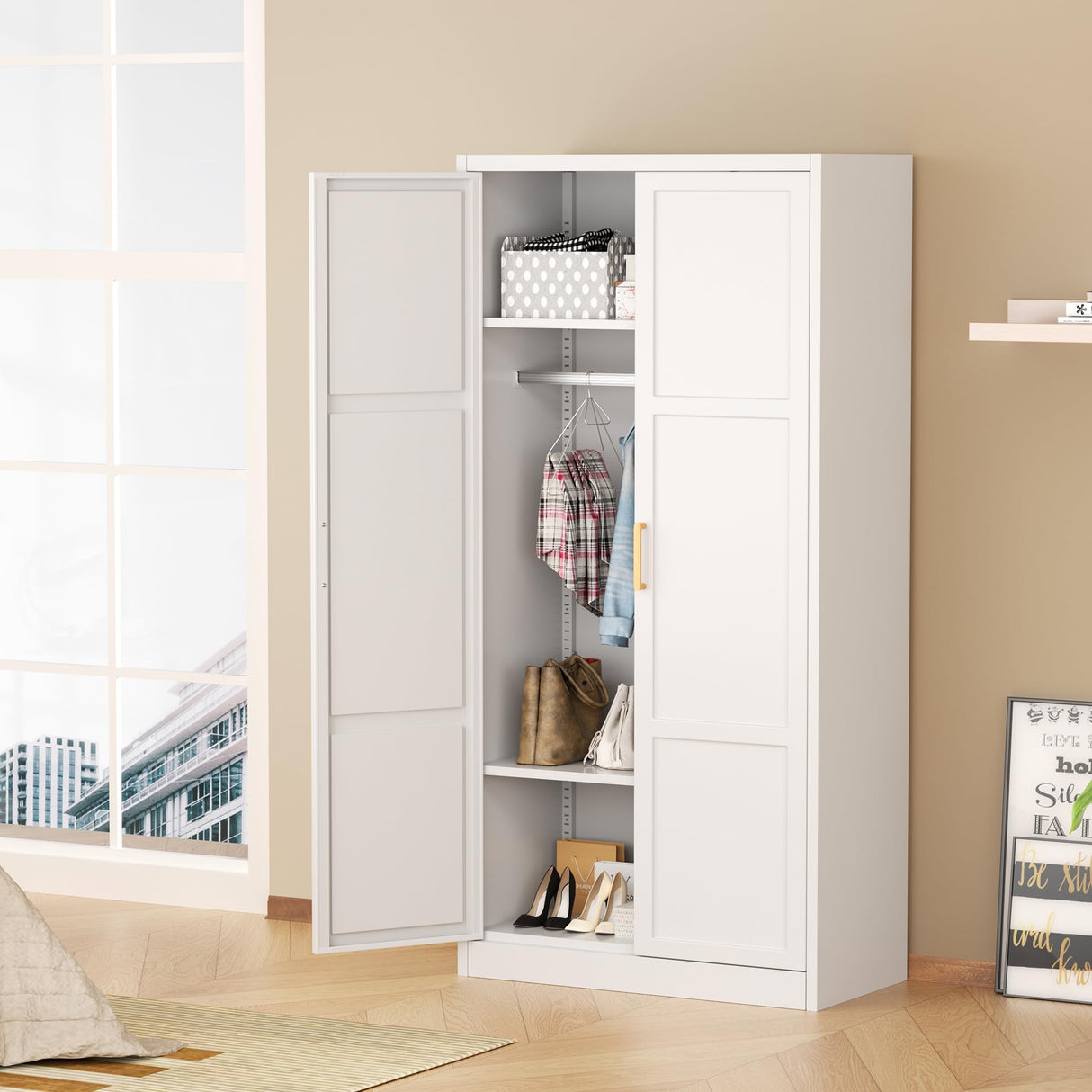 Superday Metal Wardrobe Closet, 72" H Bedroom Armoires with Wooden Handle, Storage Cabinet with Adjustable Shelves and Hanging Rods, Steel Storage Locker Closet for Home, Office, Employee, Gym (White) Superday