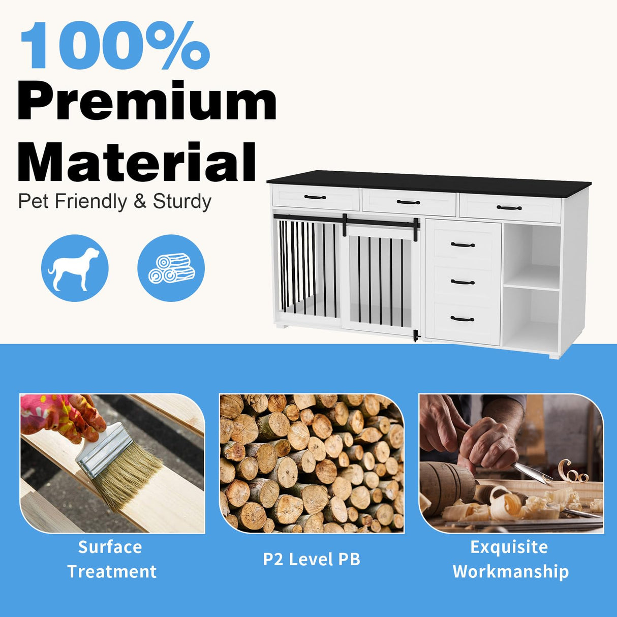 Lovinouse Large Dog Crate Furniture, 67" Wooden Dog Crates Kennel Furniture with Sliding Door, Storage Shelves and Drawers for Small, Medium and Large Dog, White+Black Tablet Lovinouse