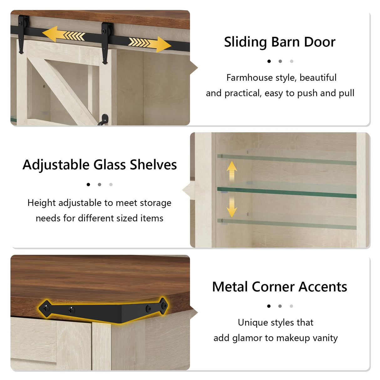 75.2" Farmhouse Makeup Vanity Desk with Large Lighted Mirror and Sliding RGB Cabinets, Large Vanity Table with Charging Station & 5 Drawers & Barn Doors, Tall Makeup Desk with Storage Shelves Aiguazi