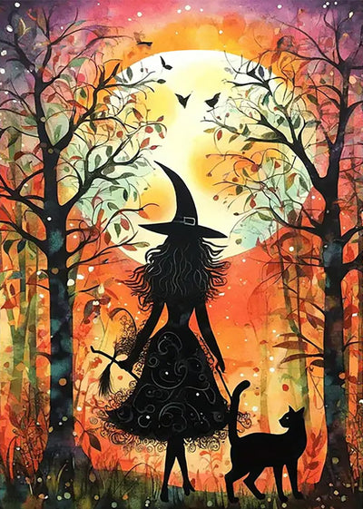 Halloween Witch Cat Moon Diamond Painting Kits for Adults, 5D Diamond Art Kits for Adults Beginners, DIY Full Round Drill Diamond Dot Painting Gem Art Kits for Adult, Home Wall Decor 11.8x15.7 Inch