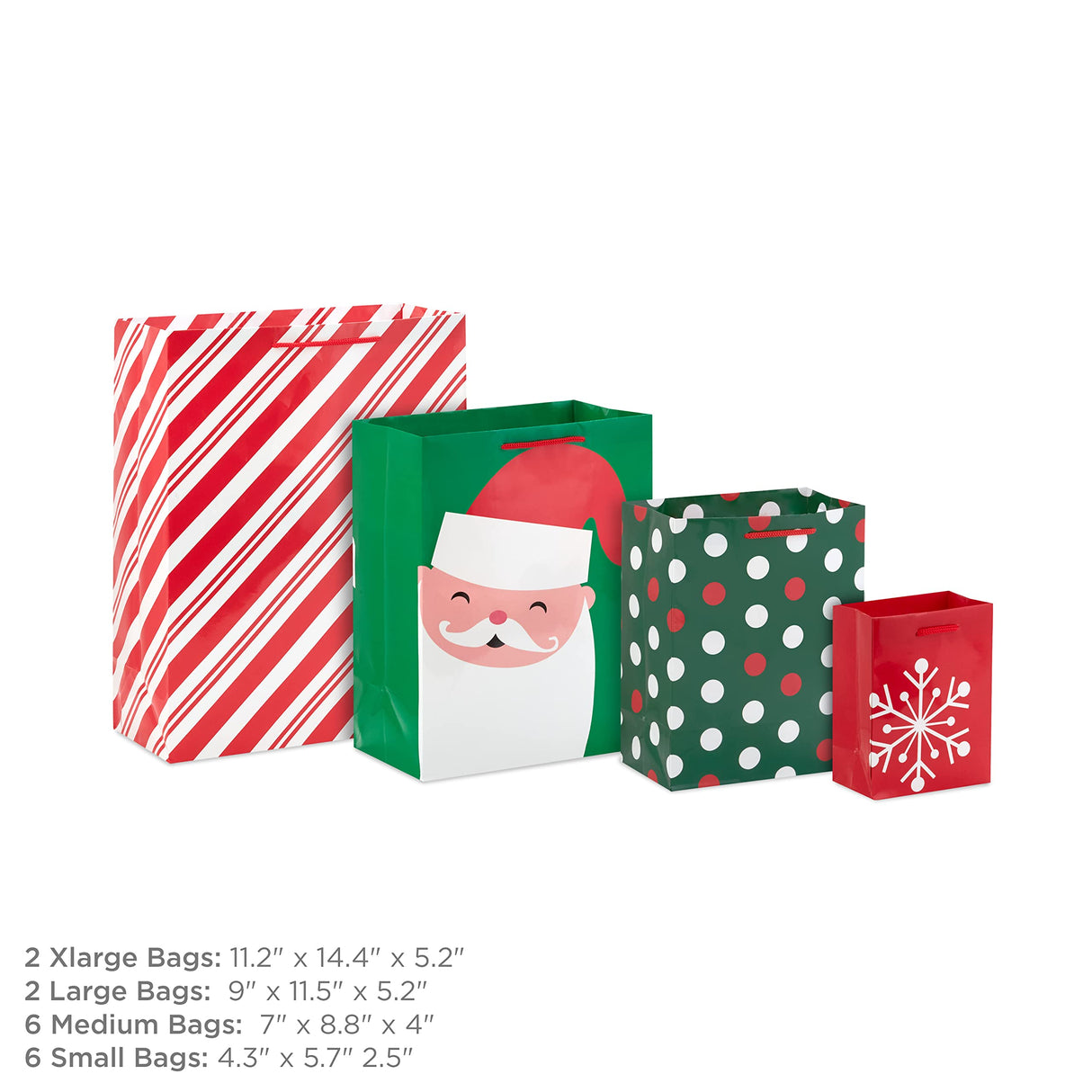 Hallmark Image Arts Assorted Holiday Gift Bag Bundle (16 Bags: 6 Small 5", 6 Medium 8", 2 Large 11", 2 XL 14") Red and Green, Santa, Stripes, Polka Dots, Snowmen, Snowflakes Hallmark