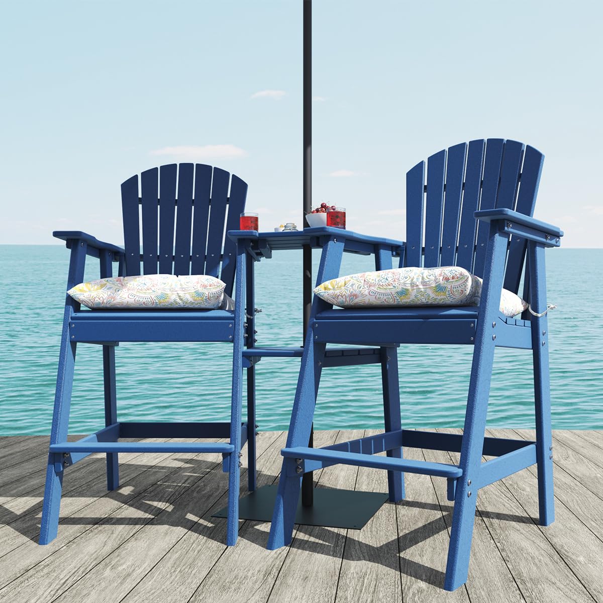 Sundale Outdoor Tall Adirondack Bar Set, Patio Umbrella Table and Bar Chairs Set of 2, 3 Pieces Counter Height Dining Bistro Set, Pub Table with HDPE Stools, 2 Umbrella Hole Caps, Navy Blue Sundale Outdoor