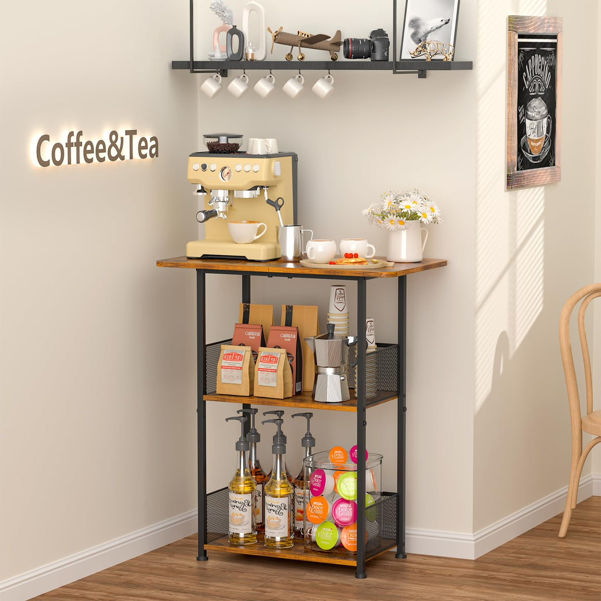Jsskeeim Mini Floor Standing Coffee Bar Shelf,3-Tier Small Coffee Table,Corner Farmhouse Coffee Bar Cabinet;Dining Room, Living Room-Capsules,Coffee Maker(Brown+Black) Jsskeeim