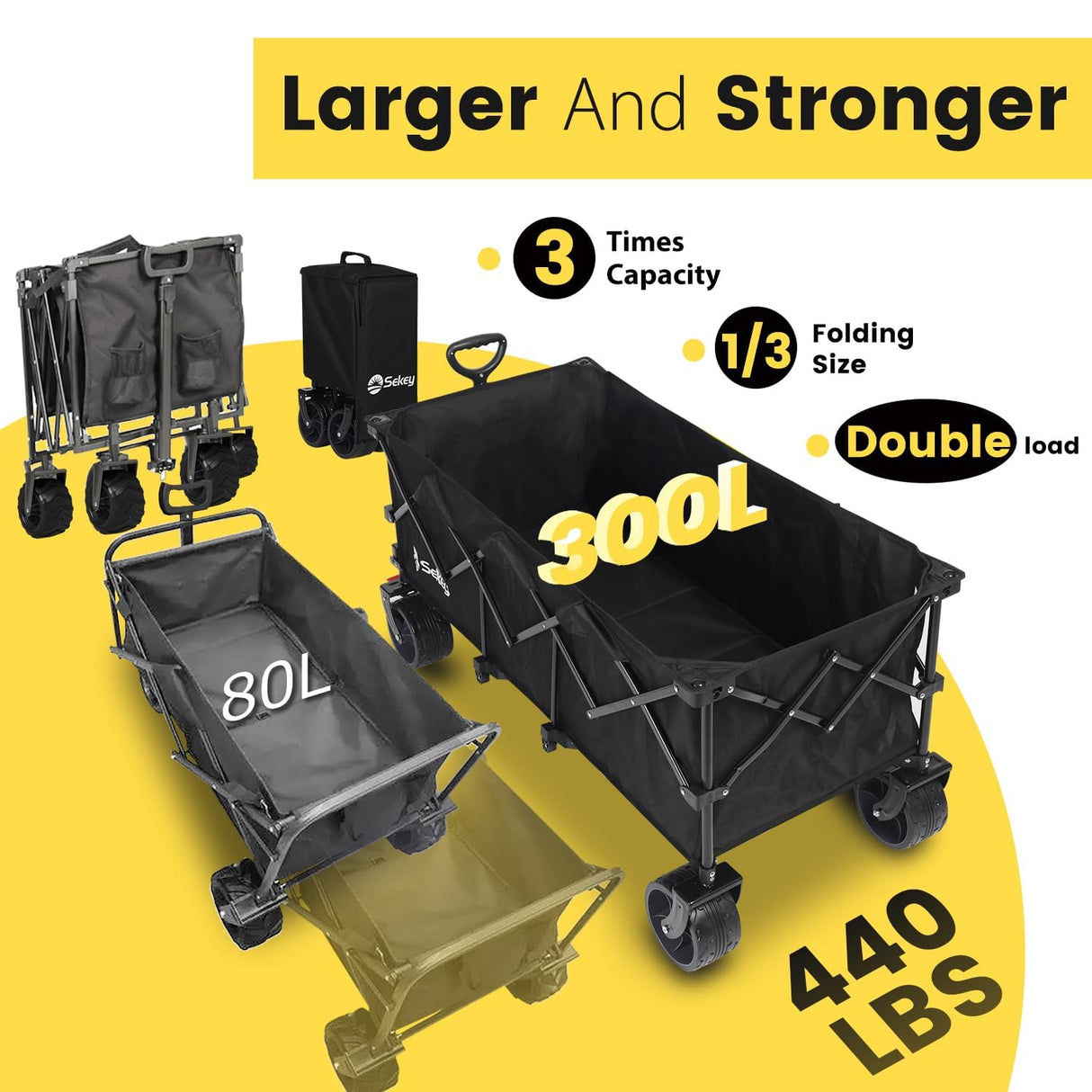 Sekey 48''L Collapsible Foldable Extended Wagon with 440lbs Weight Capacity, Heavy Duty 300L Folding Utility Garden Cart with Big All-Terrain Beach Wheels & Drink Holders. Black Sekey