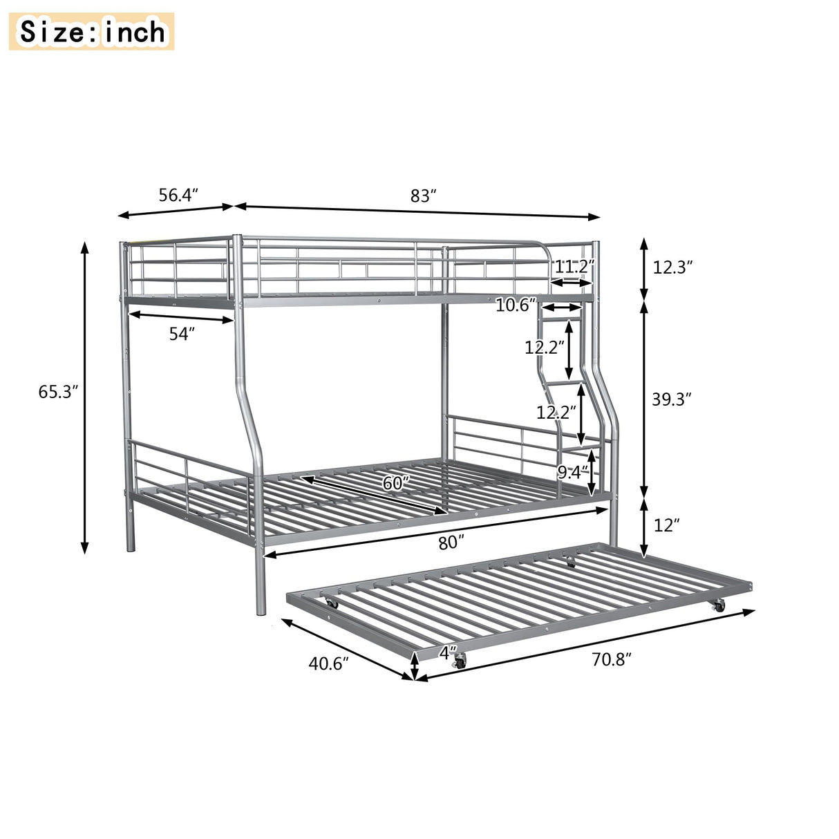 Harper & Bright Designs Full XL Over Queen Metal Bunk Bed with Trundle, Ladder & High Guardrail, Able to Split, Noise Free, Heavy-Duty Steel Loft Bed Frame with Safety Rail for Bedroom, Dorm (Silver) Harper & Bright Designs