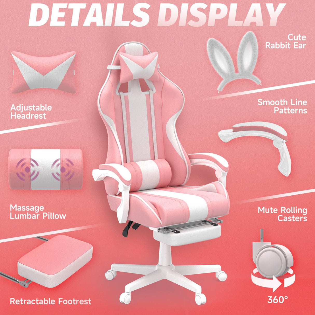 Ferghana Kawaii Pink Gaming Chair with Bunny Ears, Ergonomic Cute Gamer Chair with Footrest and Massage, Racing Reclining Home Computer Game Chair for Girls Adults Teens Kids Ferghana