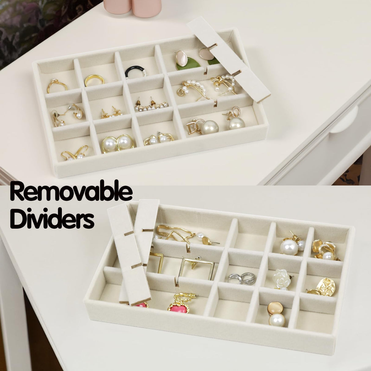 Set of 8 Stackable Jewelry Organizer Trays with 1 Lid for Drawer & Dresser Organizer, Adjustable Velvet Jewelry Box Tray Earring Organizer Necklace Storage Ring Bracelet Display Case (Beige) Fordonral