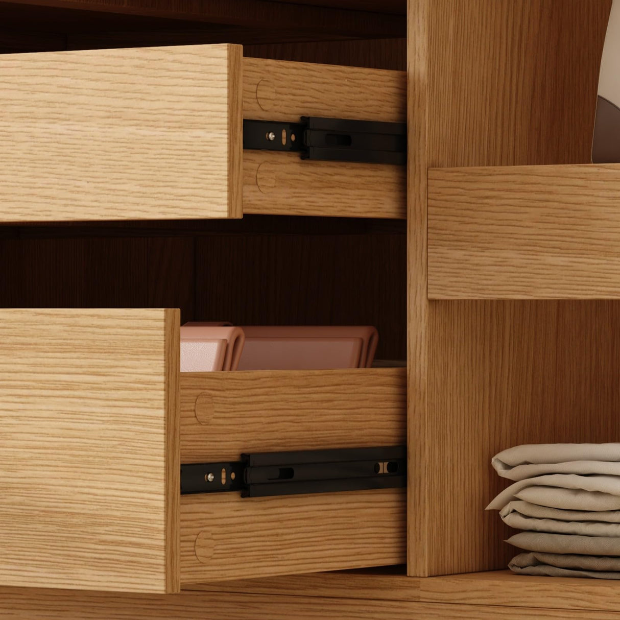 FAMAPY Walk in Closet Island with 4 Drawers, Bedroom Armoire Island with Glass Top, Glass Wardrobe Closet with Drawers & Shelves, Display Case for Dressing Room Cloakroom Oak, 27.6”D x 55.1”W x 35.4”H FAMAPY