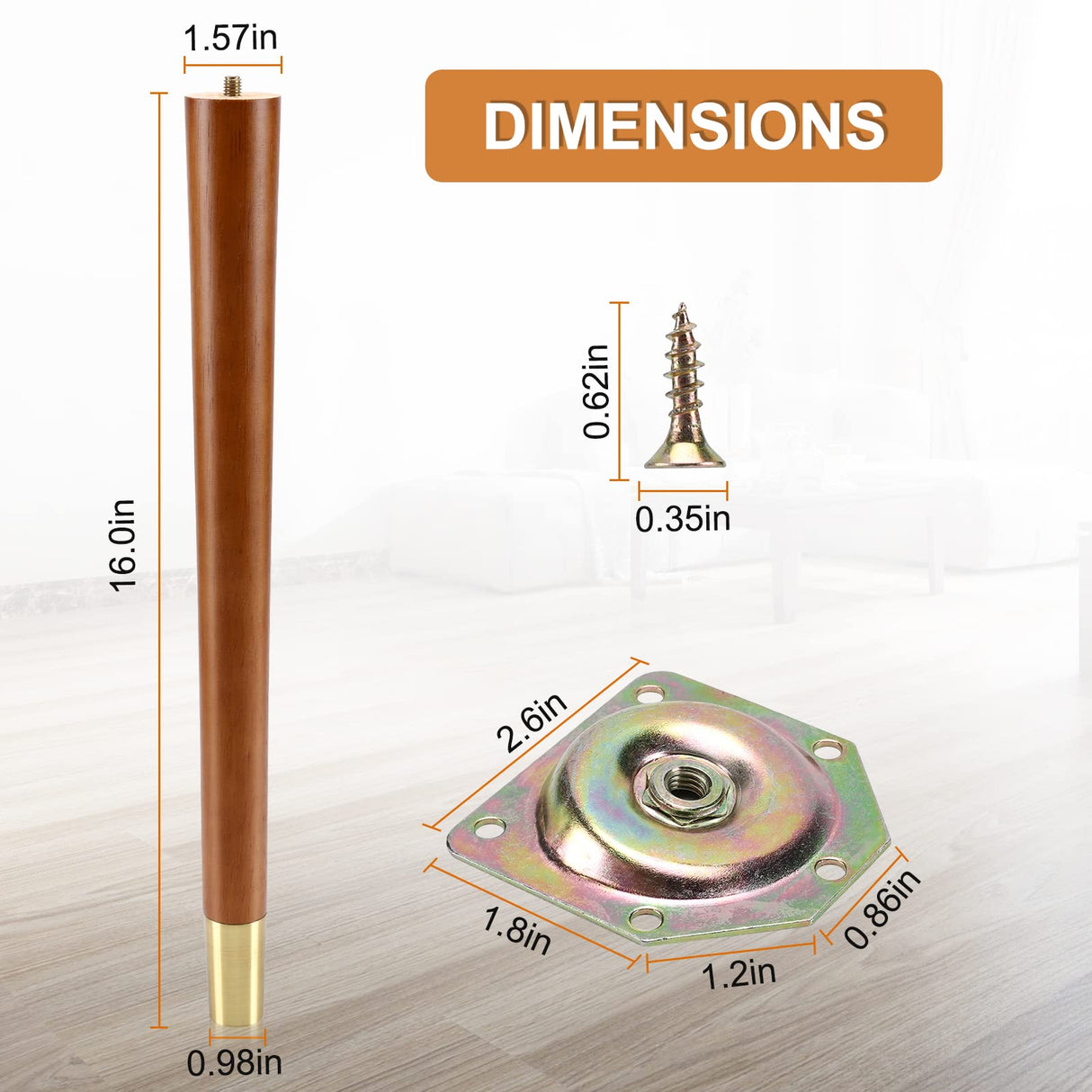 XBurmo Mid Century Table Legs,16'' Angled Tapered Solid Wood Table Legs for Stool Bench,Legs for Furniture set of 4 with Gold Metal Edge Mounting Plates XBurmo