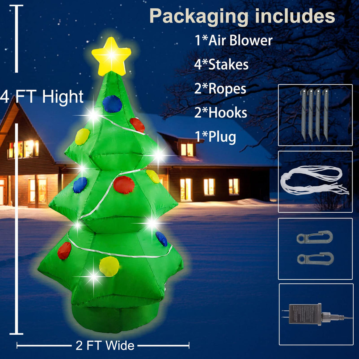 4 Ft Inflatable Christmas Tree with LED Lights Christmas Blow Up Yard Decoration Light Up Tree for Holiday Garden Lawn Outdoor Decor OceanWings